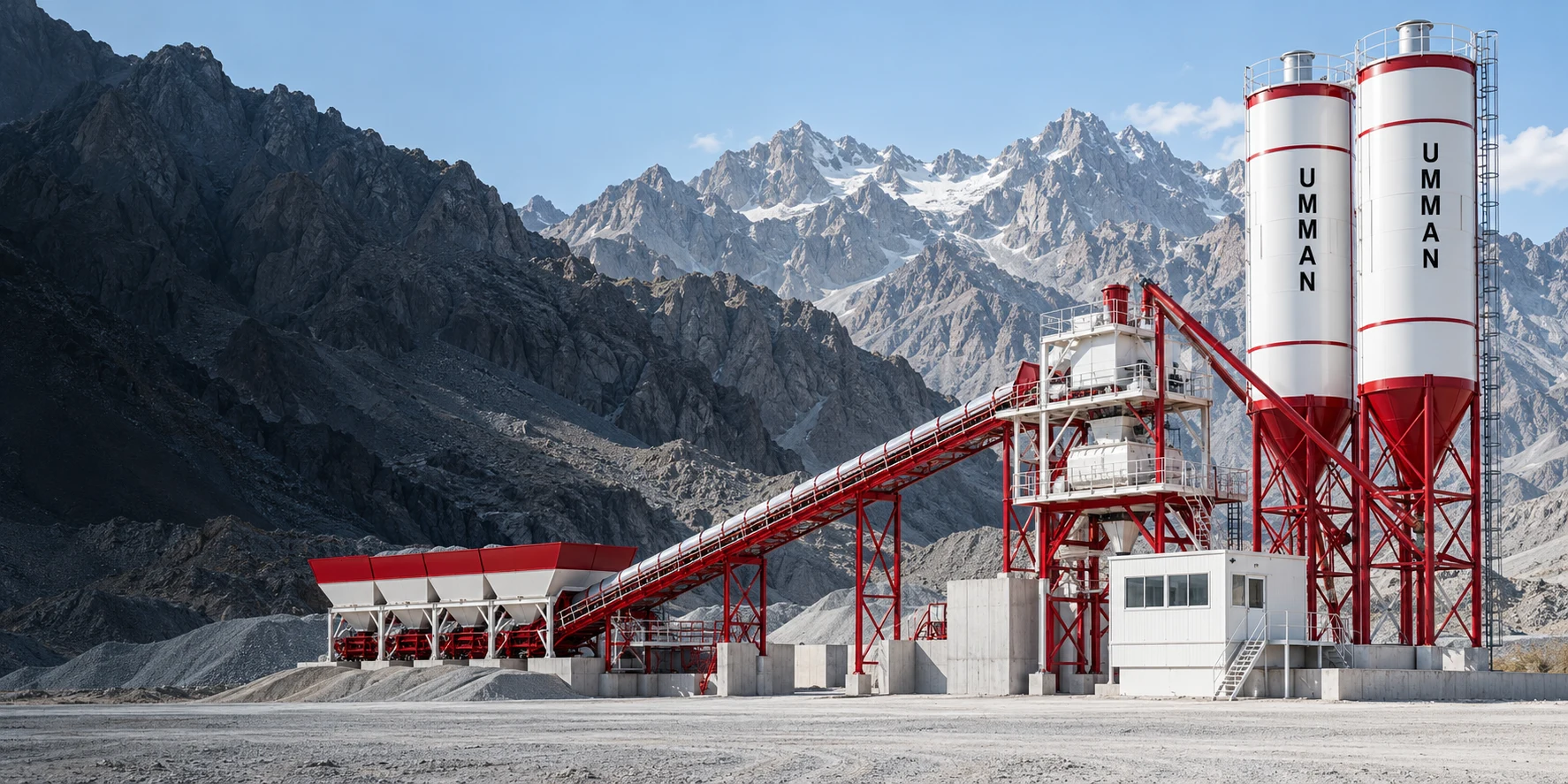 Dağ manzarasında kırmızı ve beyaz beton santrali