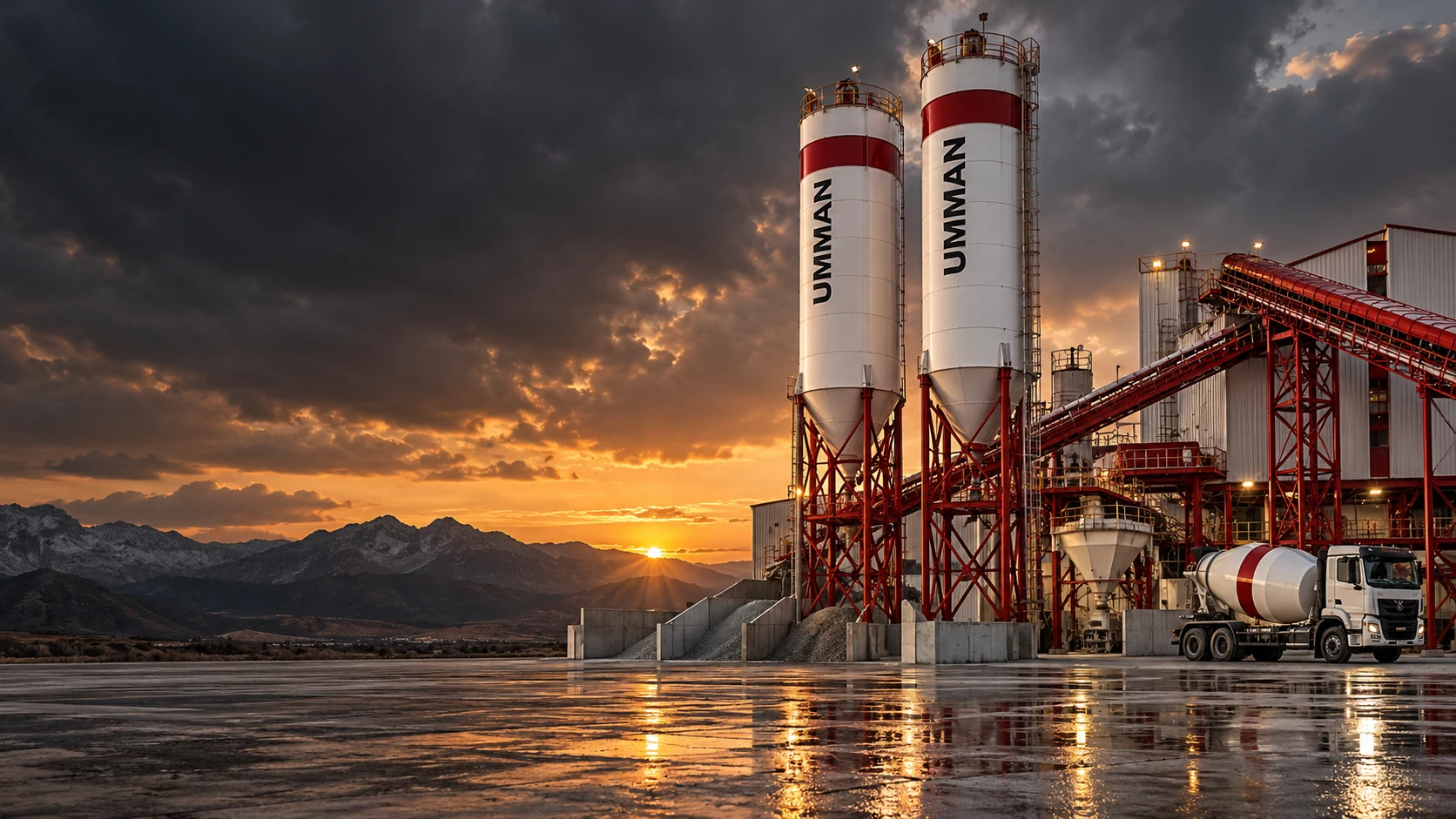 Gün batımında kırmızı ve beyaz beton santrali